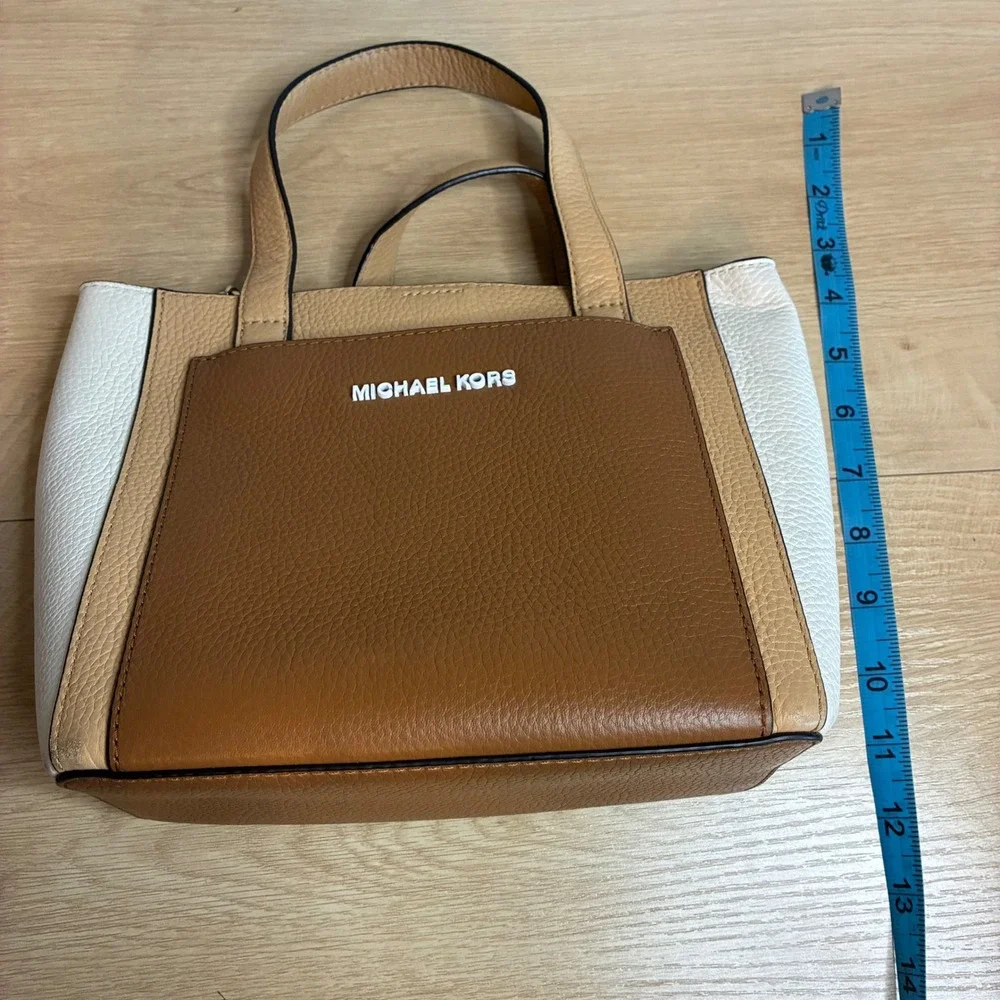 Michael Kors Small Tri-Color Pebbled Leather Satchel Crossbody Bag Tan Brown